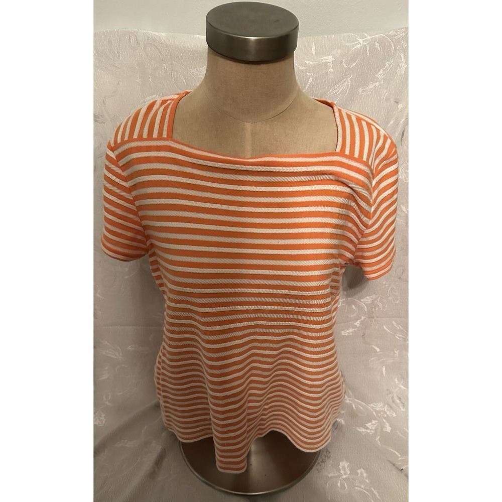 Liz Claiborne Top Women L Orange White Stripe Square Neck T-Shirt Short Sleeve